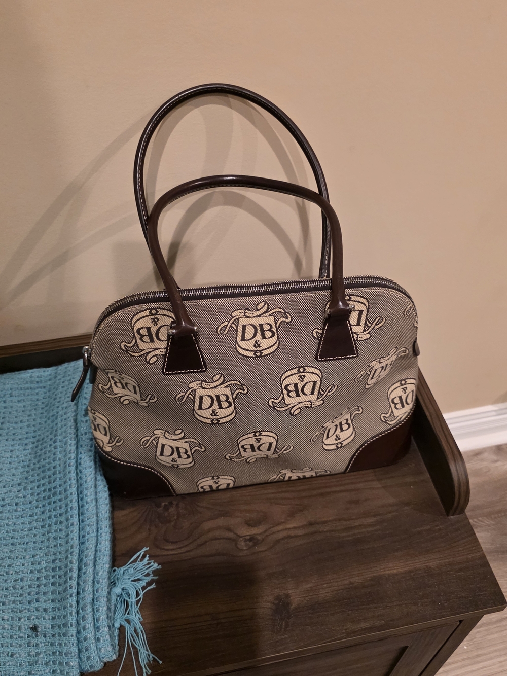 Dooney & Bourke Beige Logo Satchel with Brown Trim